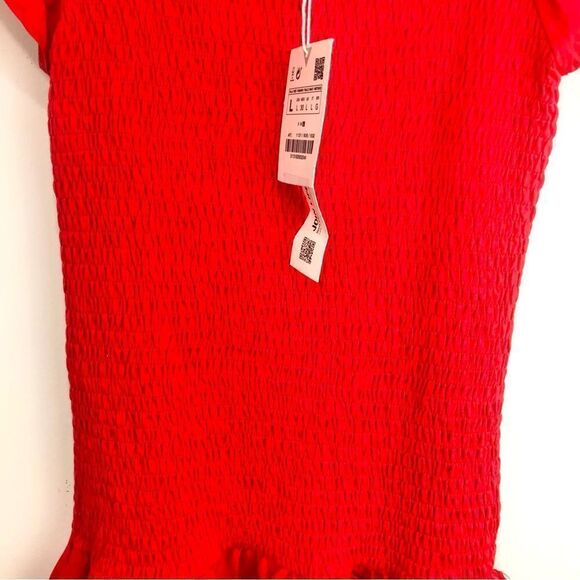 Zara Red Smocked Bodice Drop Waist Tiered Ruffle Form Fitted Mini Dress NEW - Picture 8 of 16